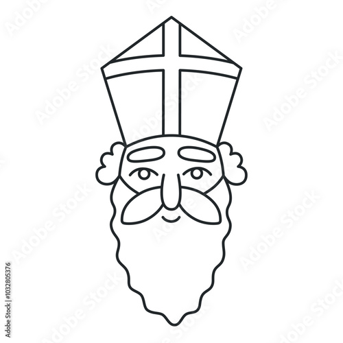 Sinterklaas face. Saint Nicholas Day theme. Winter Dutch or Belgium holiday. Vector line illustration with editable stroke isolated on white background.