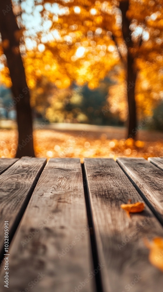 Rustic wooden table in foreground with blurred autumn park scene behind, golden leaves on trees and ground create warm, inviting atmosphere for seasonal outdoor relaxation. Rustic wooden table in foreground with blurred autumn park scene behind, golden leaves on trees and ground create warm, inviting atmosphere for seasonal outdoor relaxation.
