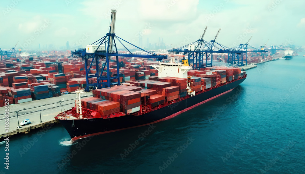 Fototapeta premium A wide shot of a bustling port with large shipping containers stacked high. Cranes tower over the docks as cargo ships are being loaded and unloaded, creating a vibrant scene of maritime activity.
