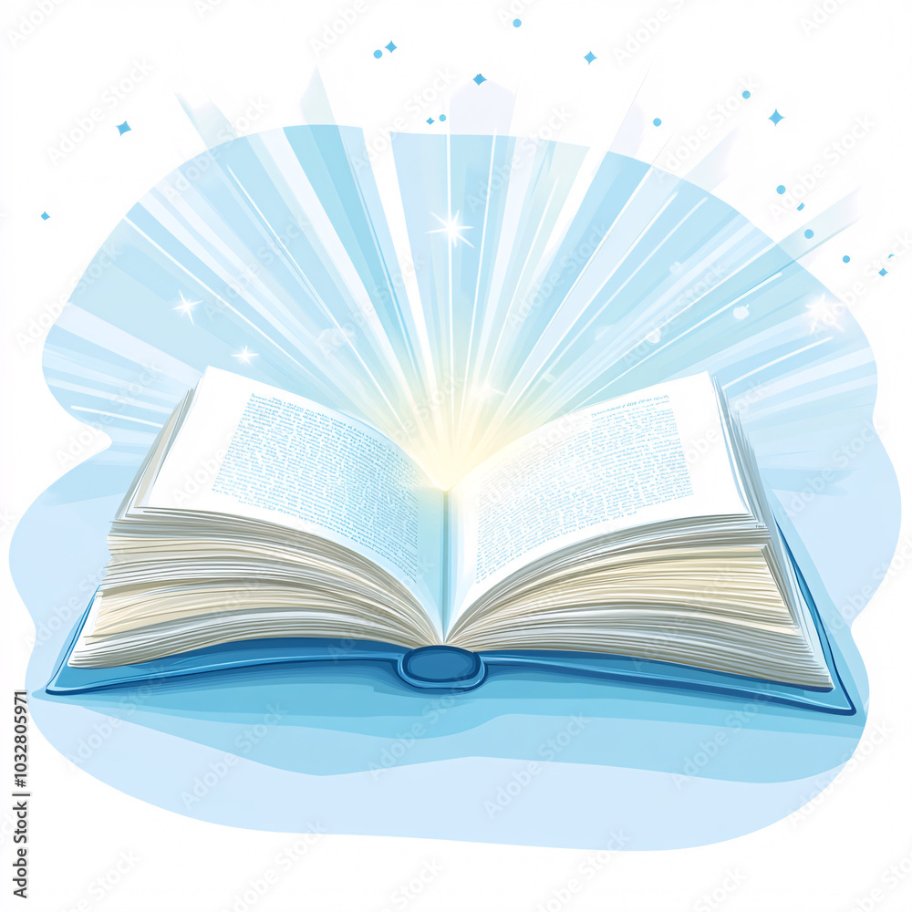 Obraz premium open book with light and stars radiating magical blue light