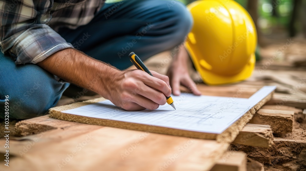 A construction worker crouches on a wooden platform in a forest, using a pencil to draw detailed blueprints on a large sheet of paper while wearing a safety helmet