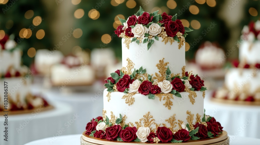Fototapeta premium Burgundy and gold cake with elegant floral designs, placed on a richly decorated table, perfect for a sophisticated wedding or celebration