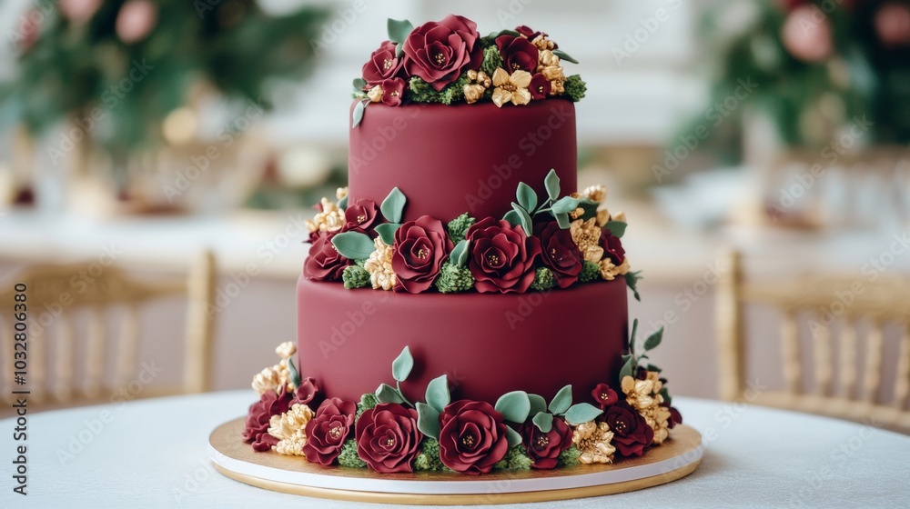 Burgundy and gold cake with elegant floral designs, placed on a richly decorated table, perfect for a sophisticated wedding or celebration Burgundy and gold cake with elegant floral designs, placed on a richly decorated table, perfect for a sophisticated wedding or celebration