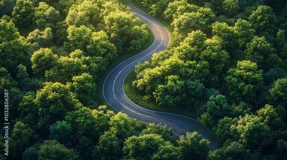 A winding road through a lush green forest, showcasing nature's beauty and tranquility. A winding road through a lush green forest, showcasing nature's beauty and tranquility.