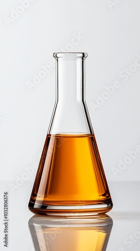 Elegant conical glass flask filled with amber-colored liquid, possibly whiskey or cognac, reflecting scientific precision and artisanal spirits craftsmanship.