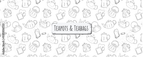 Photography Seamless pattern with teapot and tea bag on white background