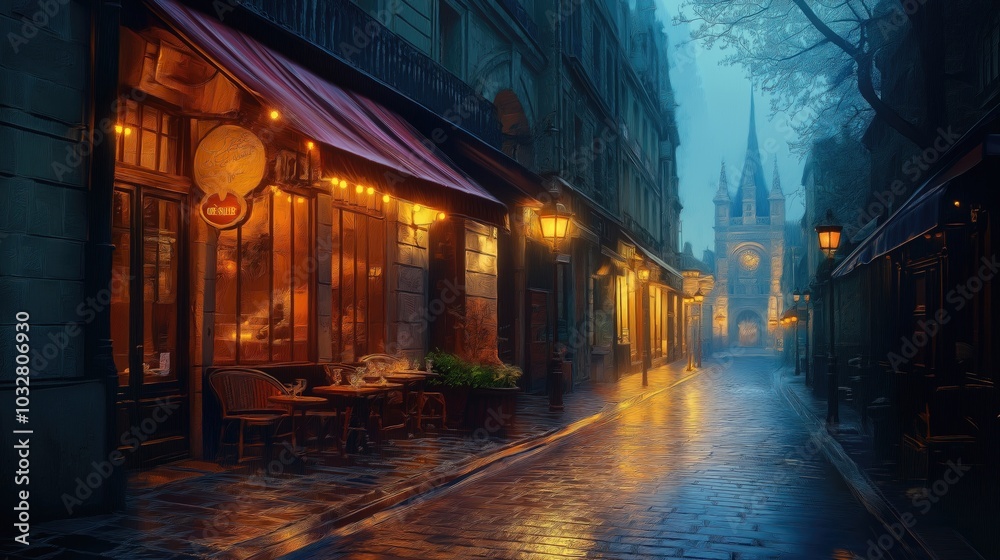 A charming Paris street illuminated by warm lights, featuring a café and historic architecture at dusk. A charming Paris street illuminated by warm lights, featuring a café and historic architecture at dusk.