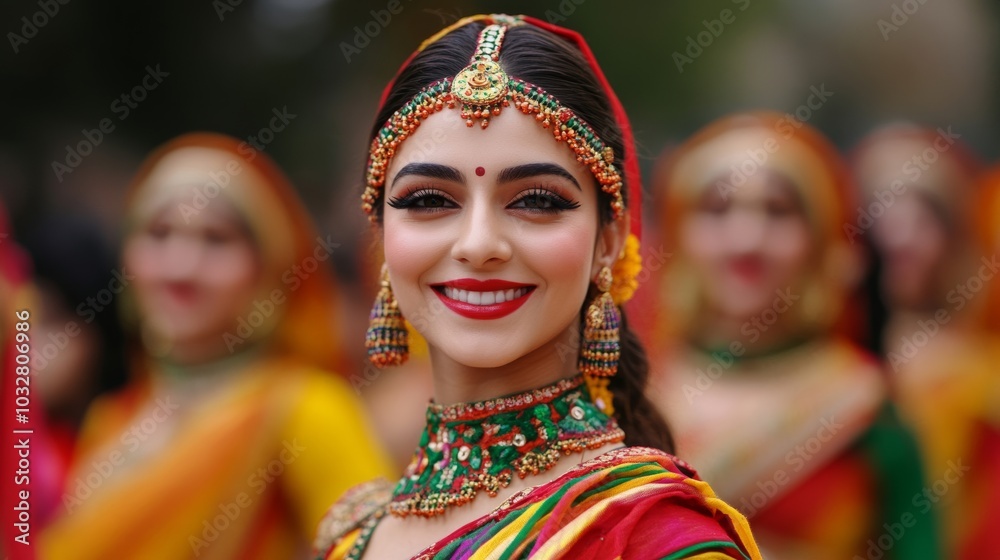Fototapeta premium Colorful Republic Day parade floats showcasing India’s diverse culture, with dancers in traditional attire and musicians performing live 