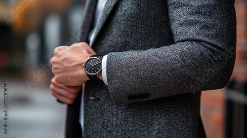 Close-up of a man's arm in a stylish gray tweed jacket, showcasing an elegant black wristwatch against crisp white shirt cuff, epitomizing modern sophistication.