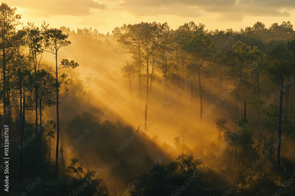 Fototapeta premium Sunbeams Illuminating a Foggy Forest at Sunrise