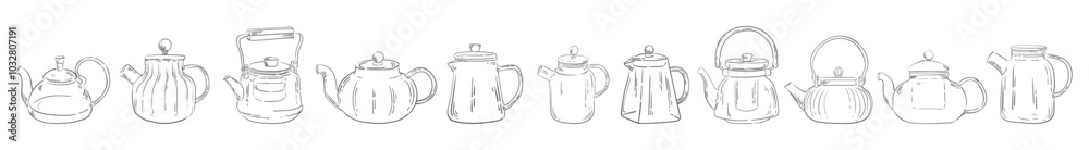 Obraz premium Set of Glass teapot drawn with vintage lines. Hand drawing outline sketch. Isolated vector illustration. A teapot drawn as an engraving.