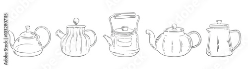 Set of Glass teapot drawn with vintage lines. Hand drawing outline sketch. Isolated vector illustration. A teapot drawn as an engraving.
