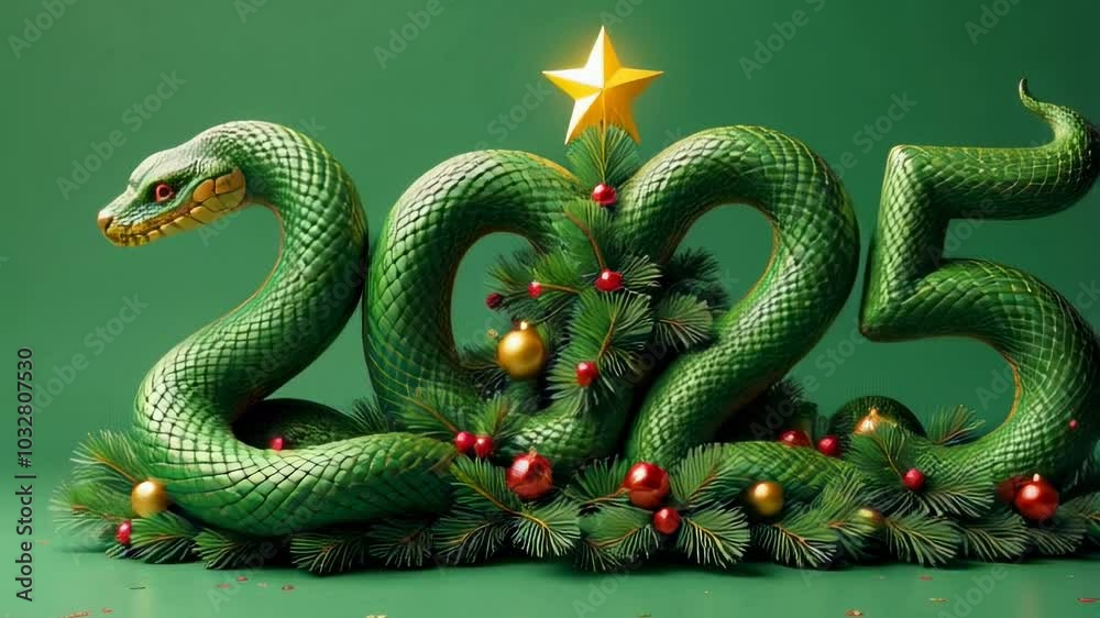 The numbers 2025 are made in the form of a snake coiling around a Christmas tree, which is decorated with festive decorations The numbers 2025 are made in the form of a snake coiling around a Christmas tree, which is decorated with festive decorations