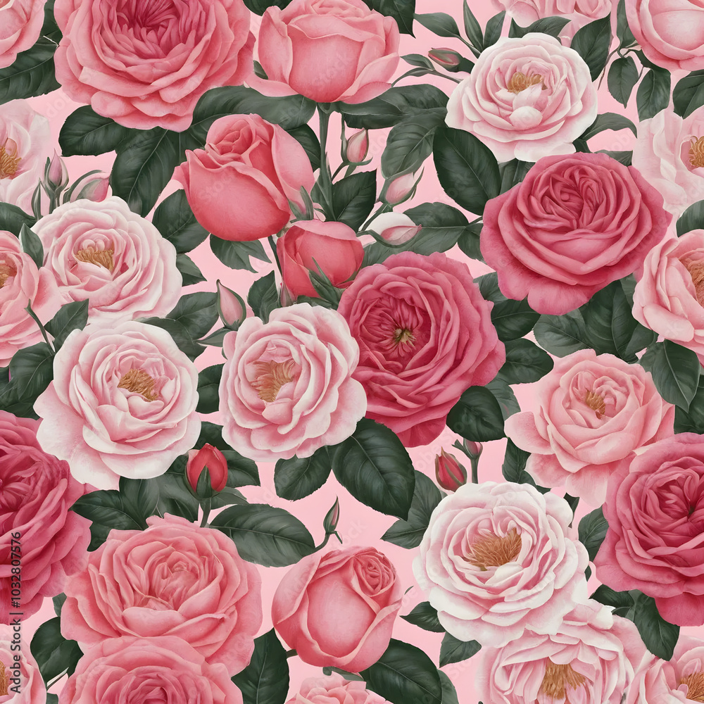 Vibrant floral pattern featuring pink and red roses with lush green leaves on a soft background Vibrant floral pattern featuring pink and red roses with lush green leaves on a soft background