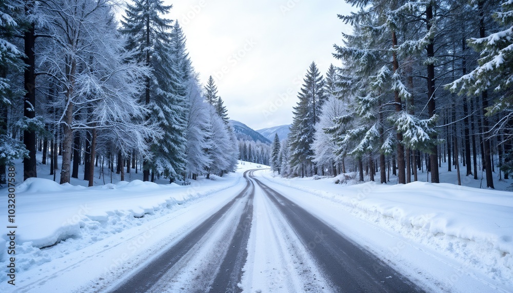 Obraz premium Majestic snow-covered forest road curving through winter wonderland