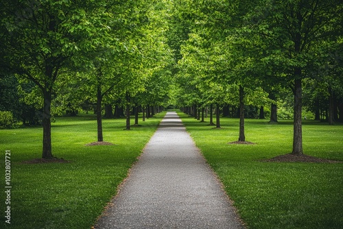 A Gravel Path Through a Row of Trees in a Green Park