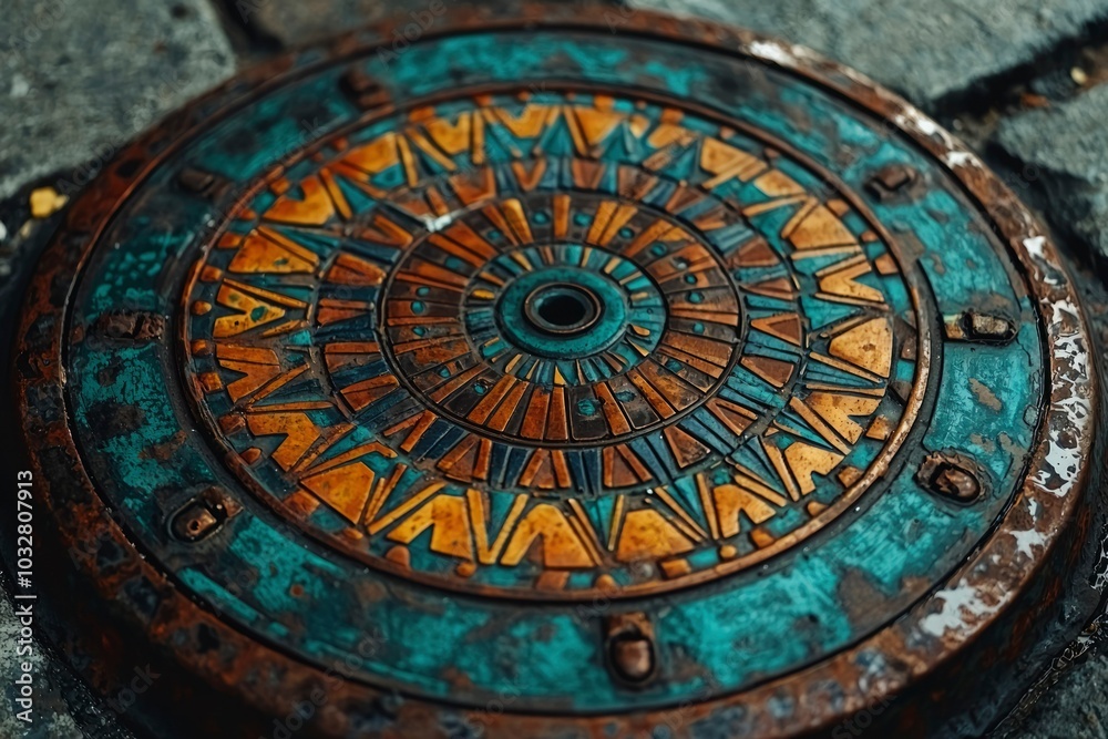 Detailed Close-Up of an Ornate Circular Manhole Cover with Geometric Patterns Detailed Close-Up of an Ornate Circular Manhole Cover with Geometric Patterns