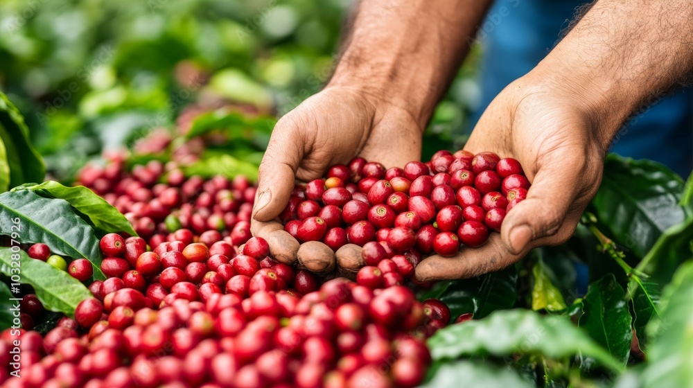 Fototapeta premium Hands gently picking ripe coffee cherries from a vibrant coffee tree, capturing the traditional harvesting process on a sunny day