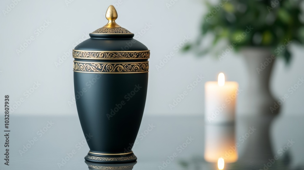 Naklejka premium Isolated black and gold cremation urn with intricate detailing, set on a reflective surface with soft candlelight nearby, symbolizing reverence 