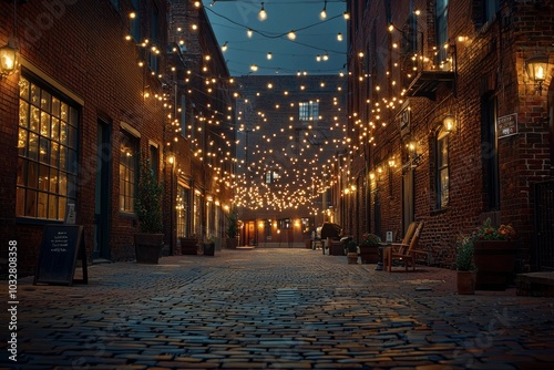 Cobblestone Alleyway Illuminated by String Lights at Night