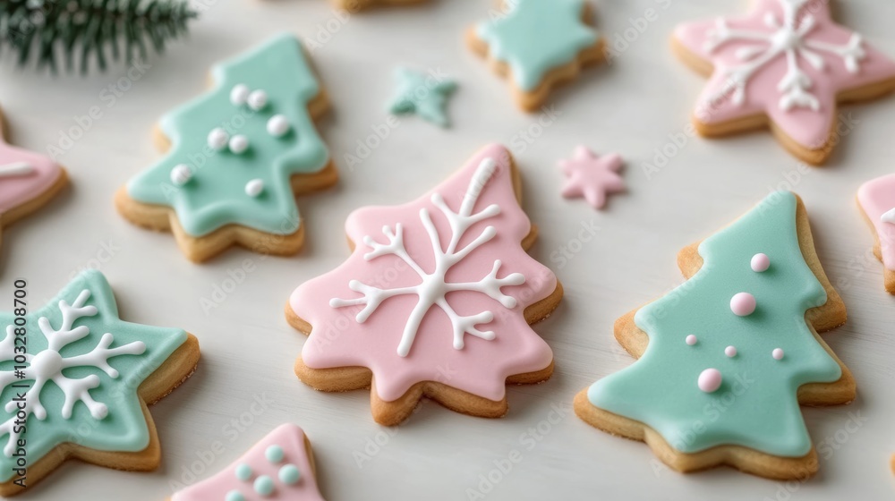 Pastel-colored Christmas cookies shaped like trees, stars, and snowflakes, decorated with light pink, mint green, and lavender icing, set on a festive table Pastel-colored Christmas cookies shaped like trees, stars, and snowflakes, decorated with light pink, mint green, and lavender icing, set on a festive table