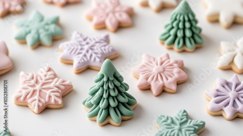 Pastel-colored Christmas cookies shaped like trees, stars, and snowflakes, decorated with light pink, mint green, and lavender icing, set on a festive table 