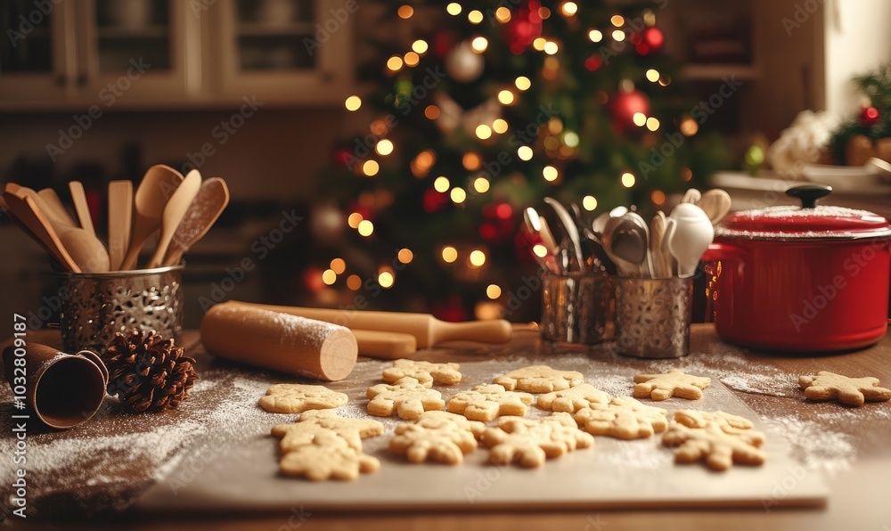 Baking Christmas cookies in a festive kitchen, with rolling pins, cookie cutters, and a decorated tree visible in the background Baking Christmas cookies in a festive kitchen, with rolling pins, cookie cutters, and a decorated tree visible in the background