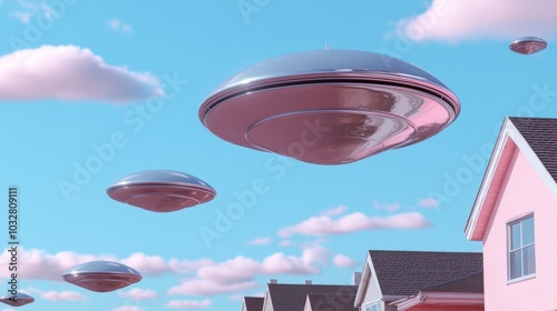 Retro-futuristic spaceship with chrome finish hovering above a 1950s-inspired neighborhood, flying saucers and pastel skies in the background  photo