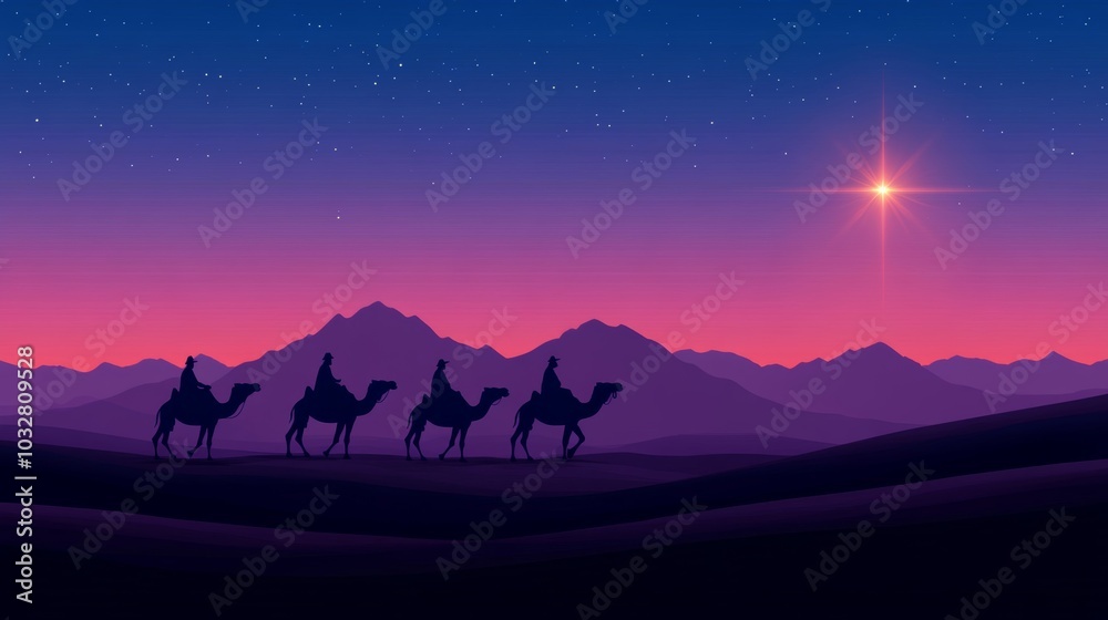 Naklejka premium Three wise men riding camels across a desert at twilight, following a radiant star in the sky, faint silhouettes of mountains on the horizon 
