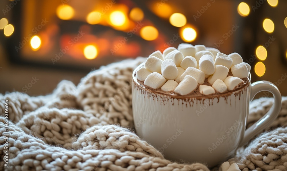 Cup of hot chocolate with marshmallows overflowing, placed next to a cozy blanket in front of a flickering fireplace Cup of hot chocolate with marshmallows overflowing, placed next to a cozy blanket in front of a flickering fireplace