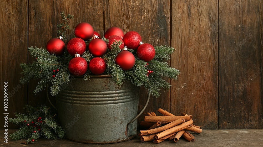 A rustic metal bucket overflowing with bright red Christmas ornaments and cinnamon sticks, nestled among fresh green fir branches, set against a deep brown wooden backdrop. A rustic metal bucket overflowing with bright red Christmas ornaments and cinnamon sticks, nestled among fresh green fir branches, set against a deep brown wooden backdrop.
