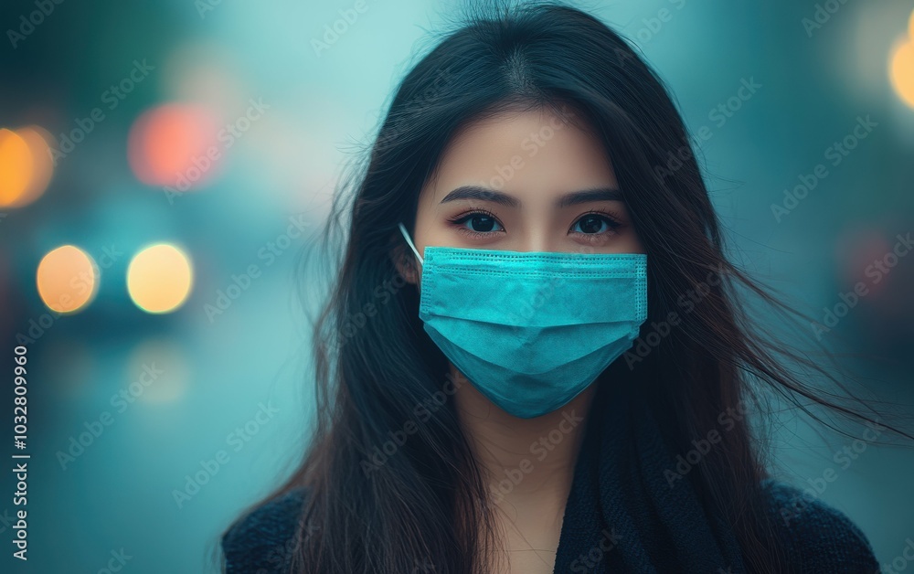 A woman wearing a blue surgical mask. The woman is looking at the camera. The image has a mood of seriousness and caution A woman wearing a blue surgical mask. The woman is looking at the camera. The image has a mood of seriousness and caution