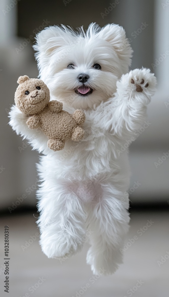 A white Maltese dog with a happy expression jumps in the air holding a stuffed teddy bear.