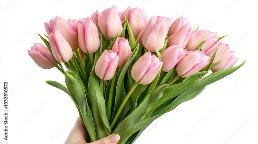 Delicate pink tulips in full bloom, held gently in a hand against a white background. Fresh spring bouquet showcasing nature's beauty and elegance. Delicate pink tulips in full bloom, held gently in a hand against a white background. Fresh spring bouquet showcasing nature's beauty and elegance.