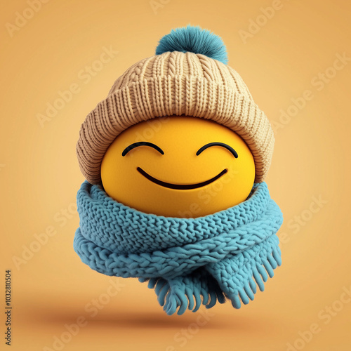 Smiley face with a warm hat and scarf, Winter emoticon, Emoji dressed warmly
