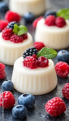 Close-up of creamy white panna cotta topped with fresh berries and a sprig of mint.