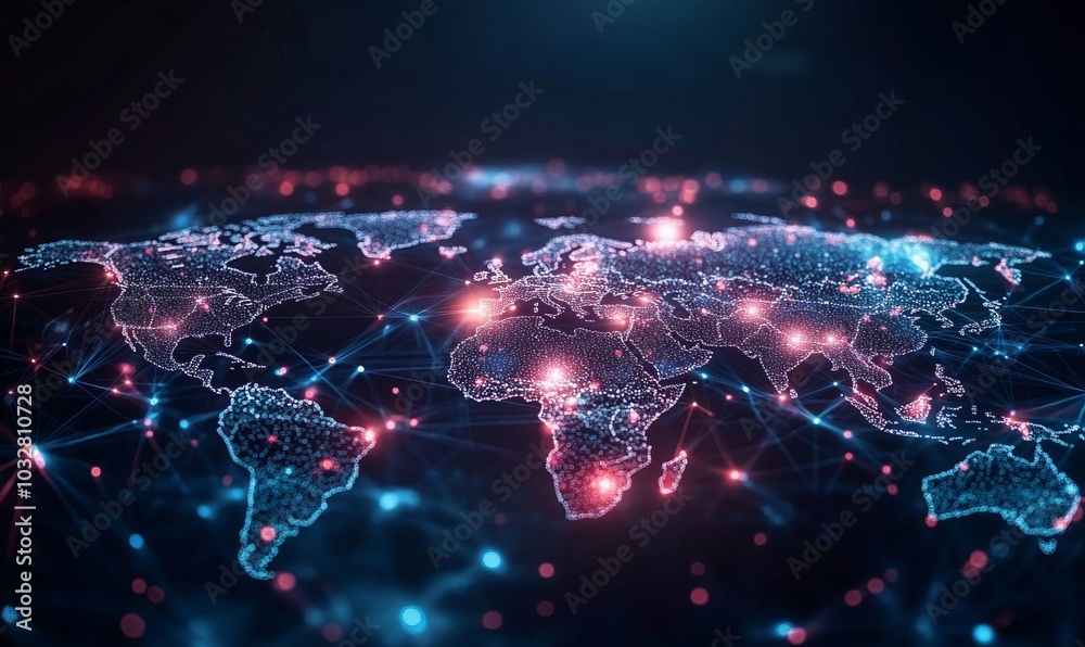 Abstract world map, concept of global network and connectivity, international data transfer and cyber technology, worldwide business, information exchange and telecommunication Abstract world map, concept of global network and connectivity, international data transfer and cyber technology, worldwide business, information exchange and telecommunication