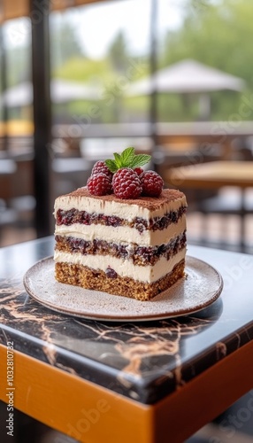 A slice of tiramisu with raspberries and mint, ready to be enjoyed.