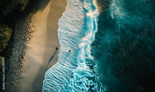 Aerial view of two men surf fishing from the beach as waves crash on the shore photo