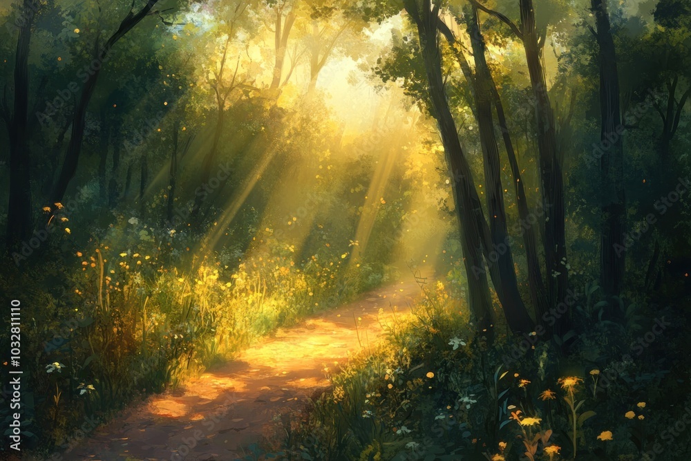 Obraz premium Sunbeams Illuminating a Path Through a Dense Forest
