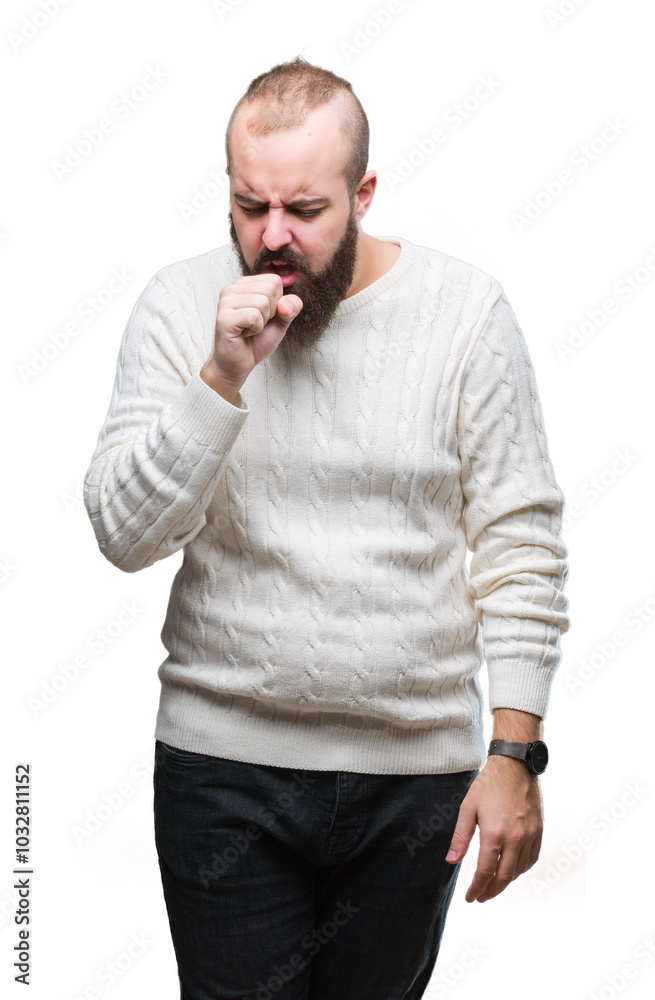 Young caucasian hipster man wearing winter sweater over isolated background feeling unwell and coughing as symptom for cold or bronchitis. Healthcare concept. Young caucasian hipster man wearing winter sweater over isolated background feeling unwell and coughing as symptom for cold or bronchitis. Healthcare concept.
