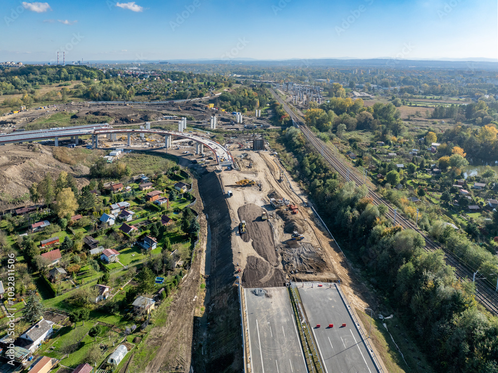 Krakow, Poland. Mistrzejowice highway junction under construction. This interchange is to join S7 motorway from Warszawa with highway ring road around Cracow and A4 highway. State in October 2024