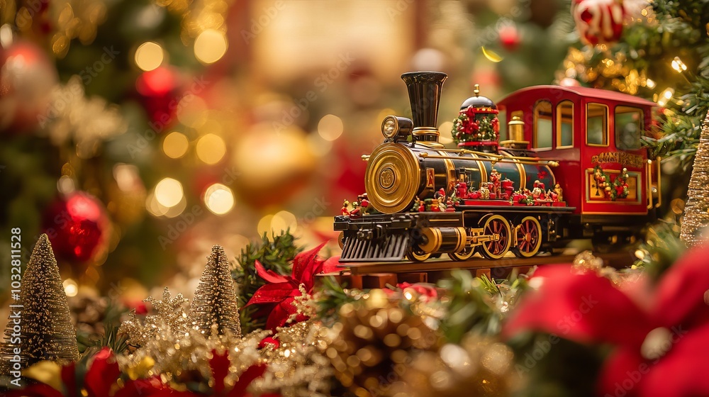 A vibrant image captures a festive toy train amidst Christmas decor. The selective focus draws attention to the train, while the surrounding decorations create a warm and joyful ambiance. A vibrant image captures a festive toy train amidst Christmas decor. The selective focus draws attention to the train, while the surrounding decorations create a warm and joyful ambiance.