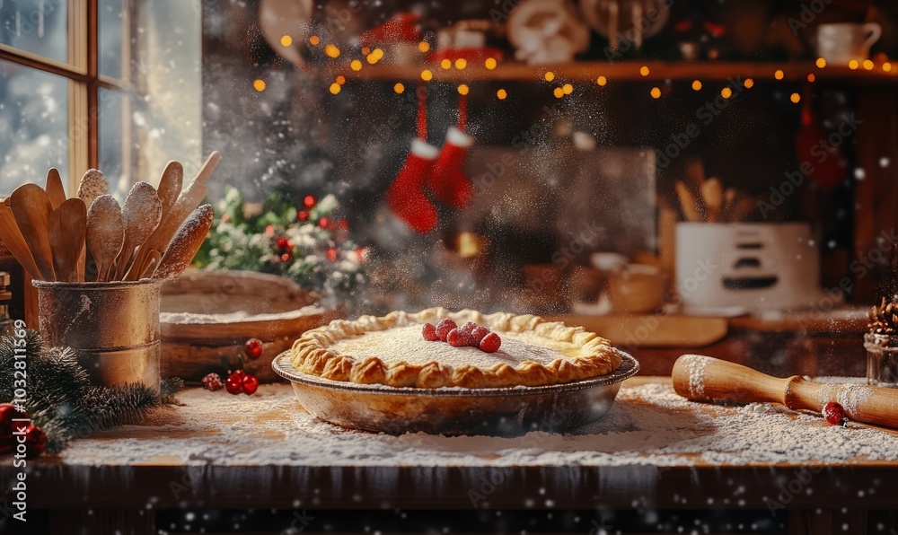 Baking Christmas pies in a festive kitchen, with rolling pins, flour, and holiday decorations creating a cozy atmosphere Baking Christmas pies in a festive kitchen, with rolling pins, flour, and holiday decorations creating a cozy atmosphere