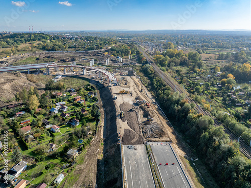 Obraz na płótnie Krakow, Poland. Mistrzejowice highway junction under construction. This interchange is to join S7 motorway from Warszawa with highway ring road around Cracow and A4 highway. State in October 2024 w salonie