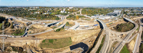 Krakow, Poland. Grebalow large highway interchange under construction. This is the fragment of S7 motorway from Warsaw to A4 and also a last fragment of ring road around Krakow. State in October 2024 photo