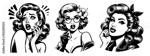 collection of pinup style girl portraits with multiple emotions line art black vector