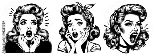 set of pinup style girl portraits with various facial expressions line art black vector