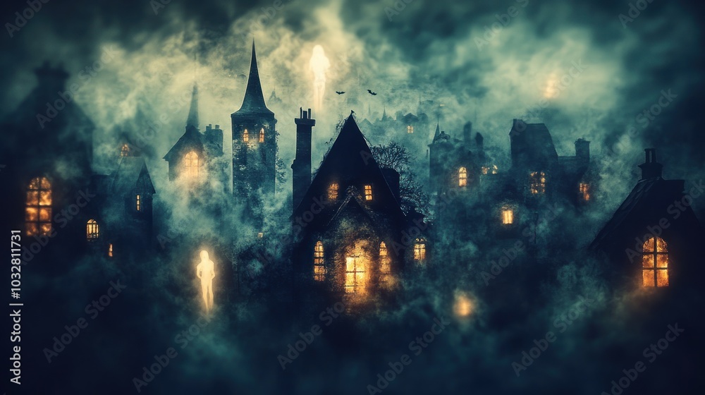 A dark, atmospheric cityscape shrouded in fog, illuminated by glowing windows. A dark, atmospheric cityscape shrouded in fog, illuminated by glowing windows.