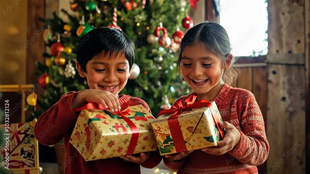 two young hispanic kids opening gifts inside a traditional latin american house during christmas celebration